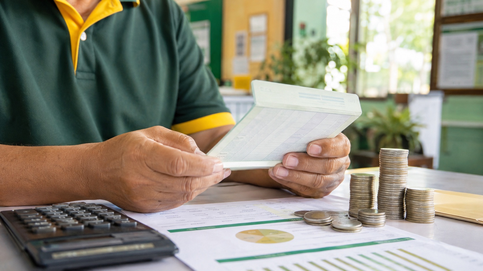 Cooperative member reviewing a savings passbook and financial statement